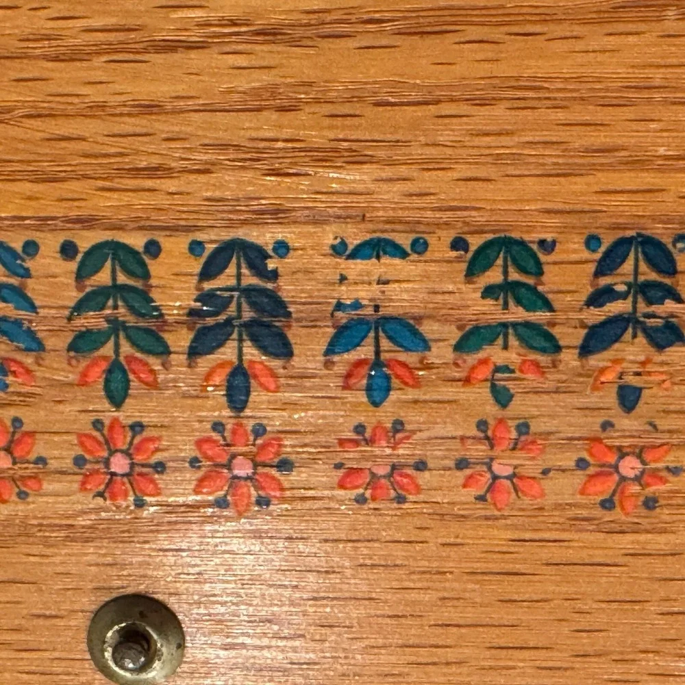 Vintage Wooden Jewelry Box Hinged Hidden Drawer Design Folk Art Detail‎